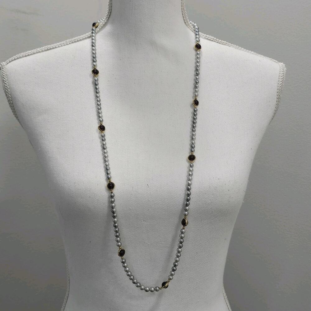 Long 36" Silver Tone Faux Pearl Purple Gold Station Beaded Necklace Flapper Vibe